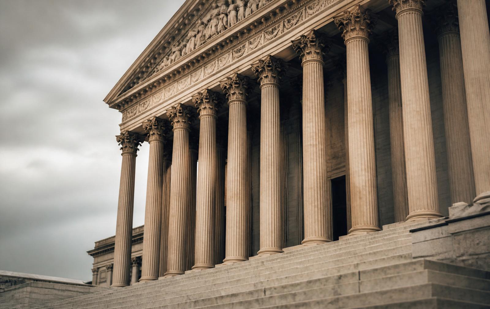 Classical courthouse columns and steps, symbolising law and democratic institutions